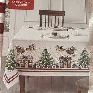 Aldi Merry Moments Christmas Holiday Tablecloth Santa gingerbread house sleigh